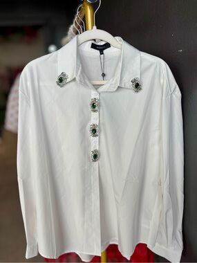 White Embellished Men's Shirt with Green Gem Accents